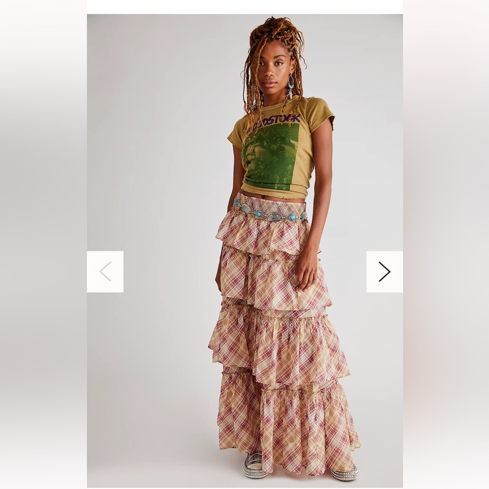 Free People Tiered Plaid Maxi Skirt in Pink and Cream